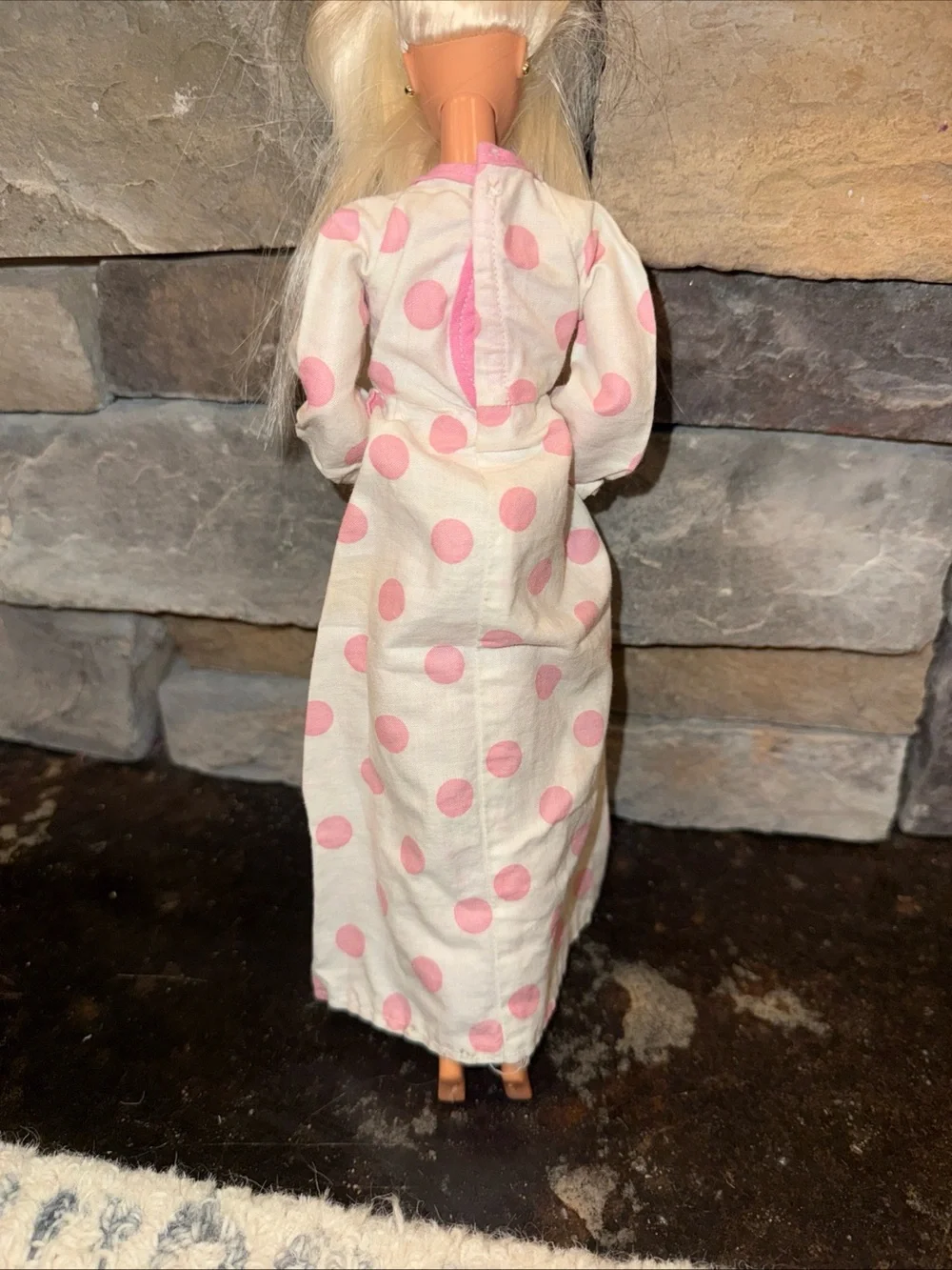 Barbie vintage white long sleeve pink polka dot dress and purse